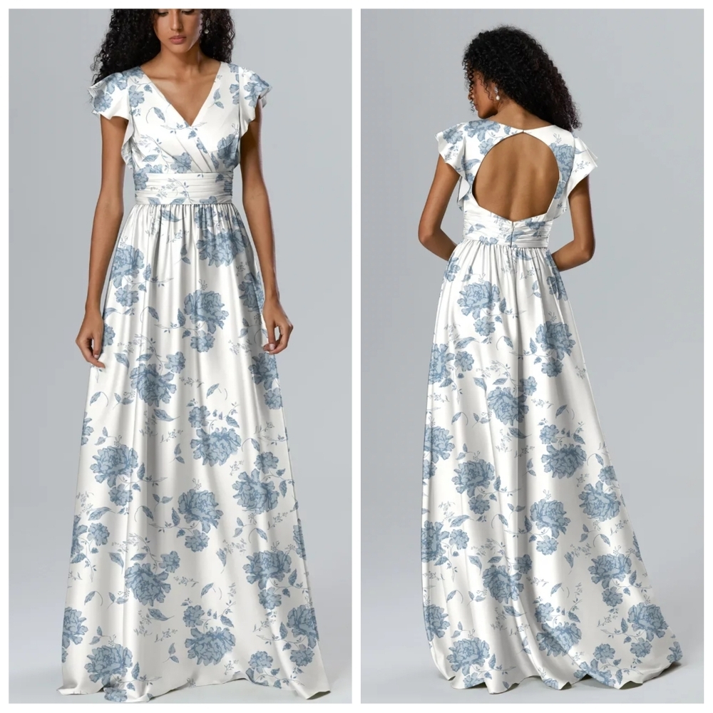 AW Bridal Dusty Blue Peonies Satin Charmeuse Dress | US 14 | NWOT - Picture 5 of 5